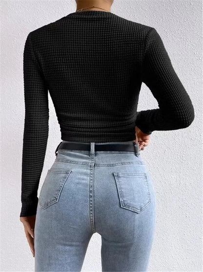 Women's basic  waffle long sleeve t-shirt slim fit top