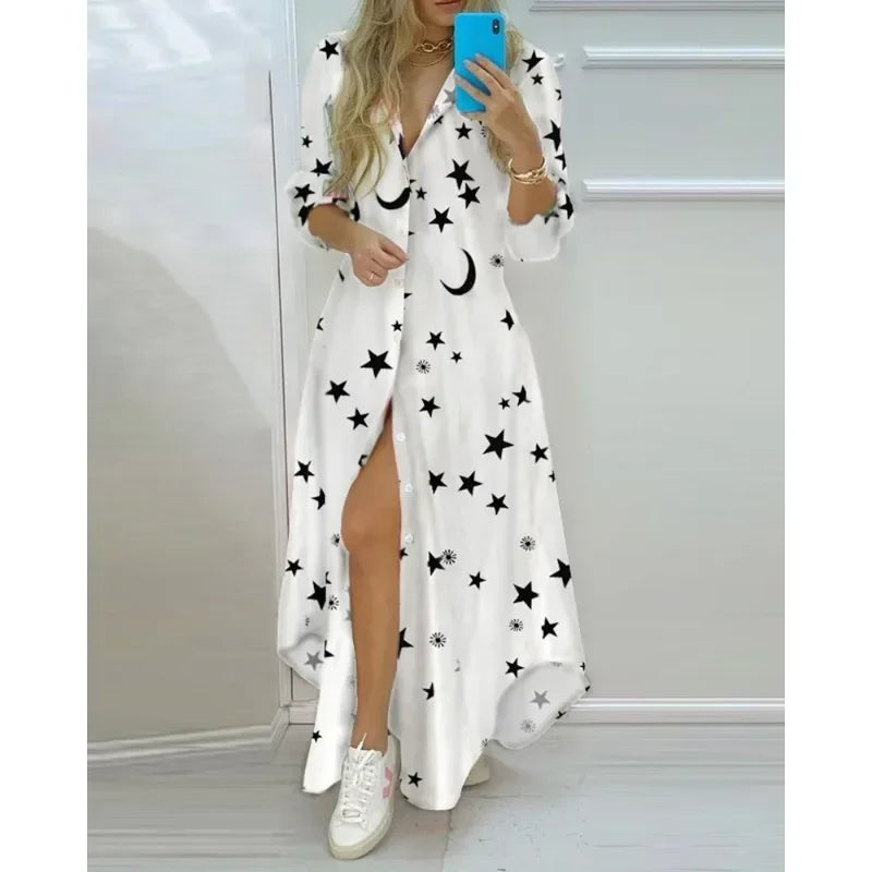 Women's long sleeve button down slit shirt dress with print