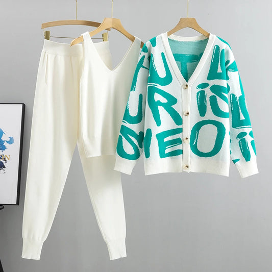 Knitted 3-Piece Sleeveless Top Tracksuit Set