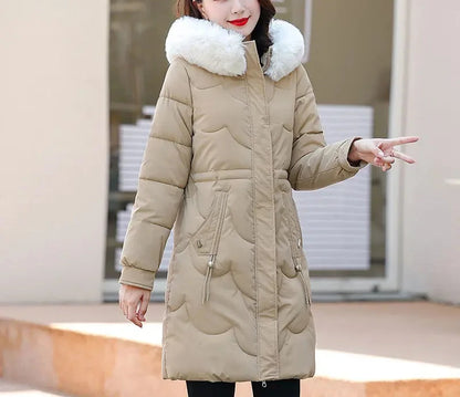 Women's winter midi-length hooded padded jacket with drawstring waist