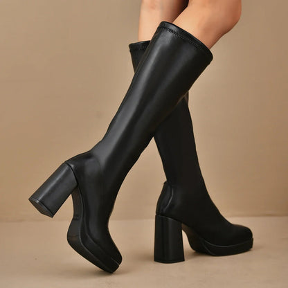 Women’s Over-the-Knee Boots – Sleek Fit – Chunky Heel – Platform Sole – Minimalist Style