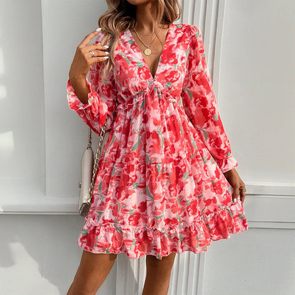 Women’s Mini Dress – Empire Waist – V-Neck – Long Sleeve – Ruffle Hem – Abstract Print