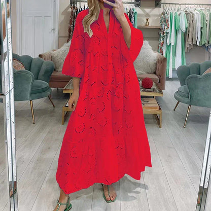 Women's Maxi Dress - Eyelet Lace - V-Neck - 3/4 Sleeve - Flowing Tiered Hem