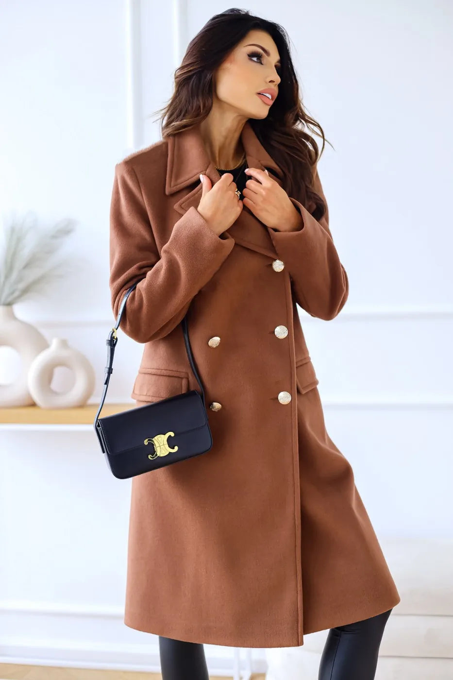 Women's double-breasted textured coat long sleeve lapel winter jacket