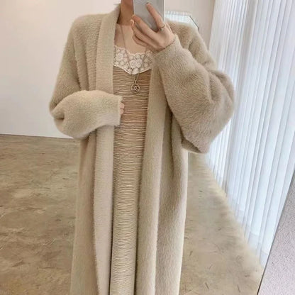 Women's long cardigan winter knitted fluffy sweater