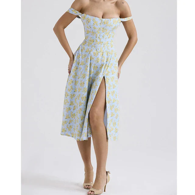 Floral Print Fitted Corset Midi Dress