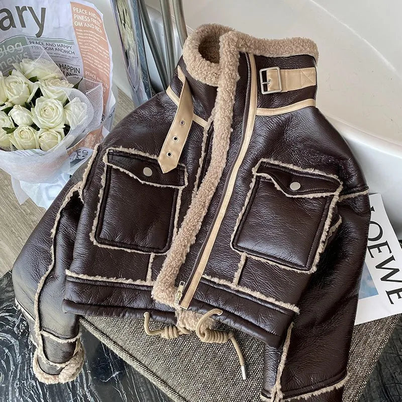 Women's cropped winter leather jacket