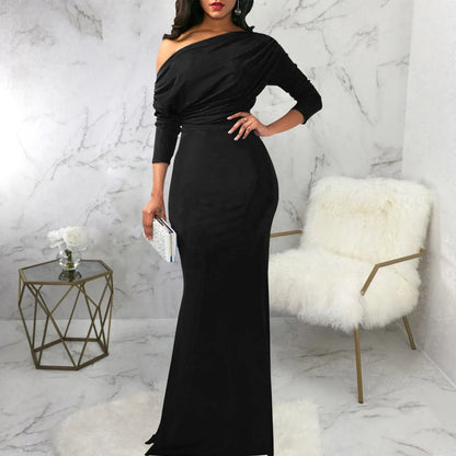 Women’s Evening Gown – Fitted Silhouette – Off-Shoulder – Long Sleeve Draped Satin
