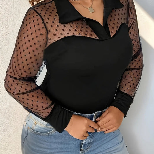 Patchwork collared long sleeve pullover top for women
