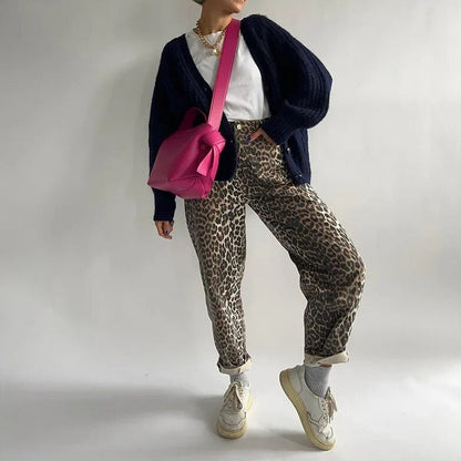 Leopard print wide-leg trousers loose fit straight cut for women