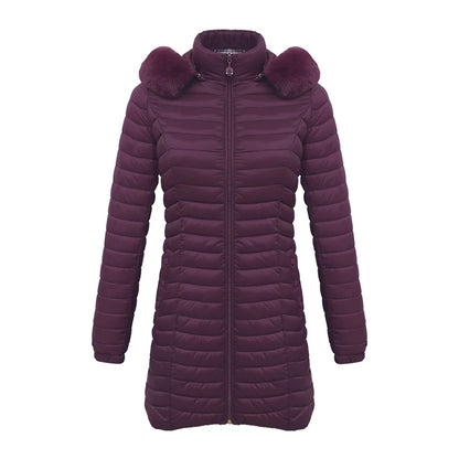 Women's slim fit winter puffer jacket with fur hood