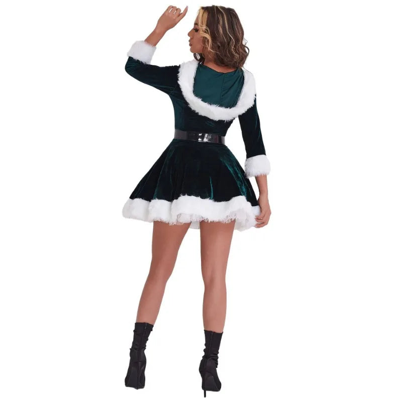 Faux Fur Trim Velvet Hooded Mini Dress