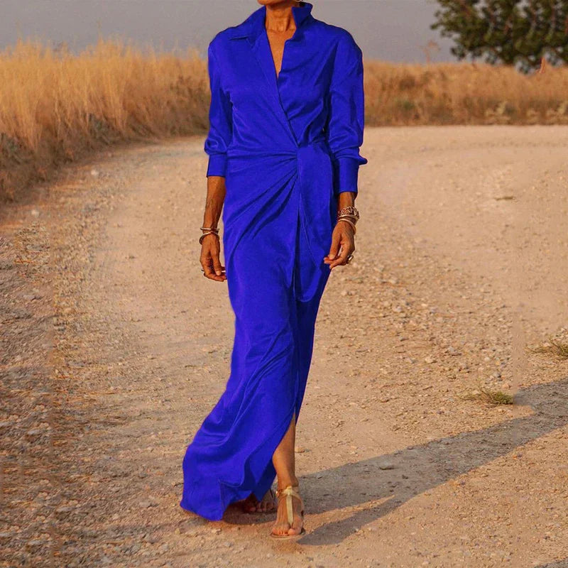 Women's Maxi Dress - Satin Silk Feel - V-Neck Collar - Long Sleeve Elegant Fit