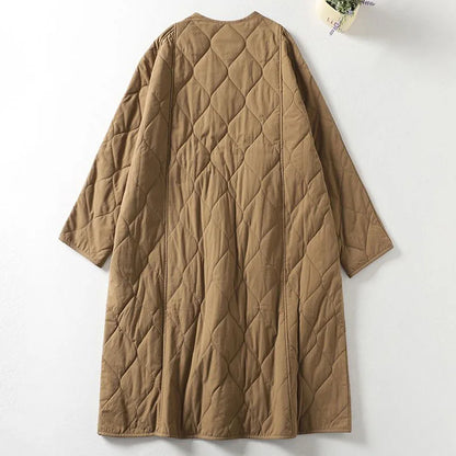 Women’s Coat - Cotton Blend - Oversized Fit - Mid-Calf Length - Collarless V-Neck