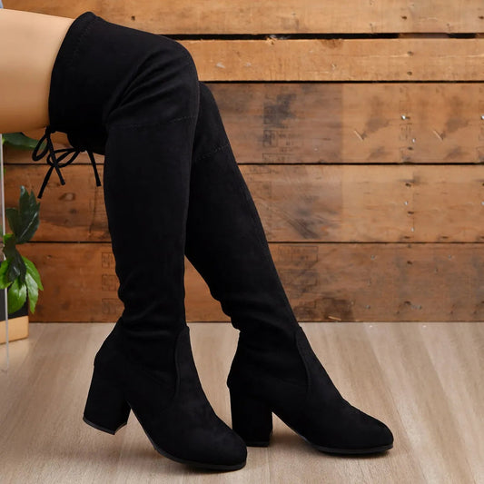 Suede Block Heel Pointed Over-the-Knee Boots 