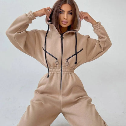 Women's Jumpsuit - Oversized Fit - Hooded with Zipper & Pockets - Elastic Waist