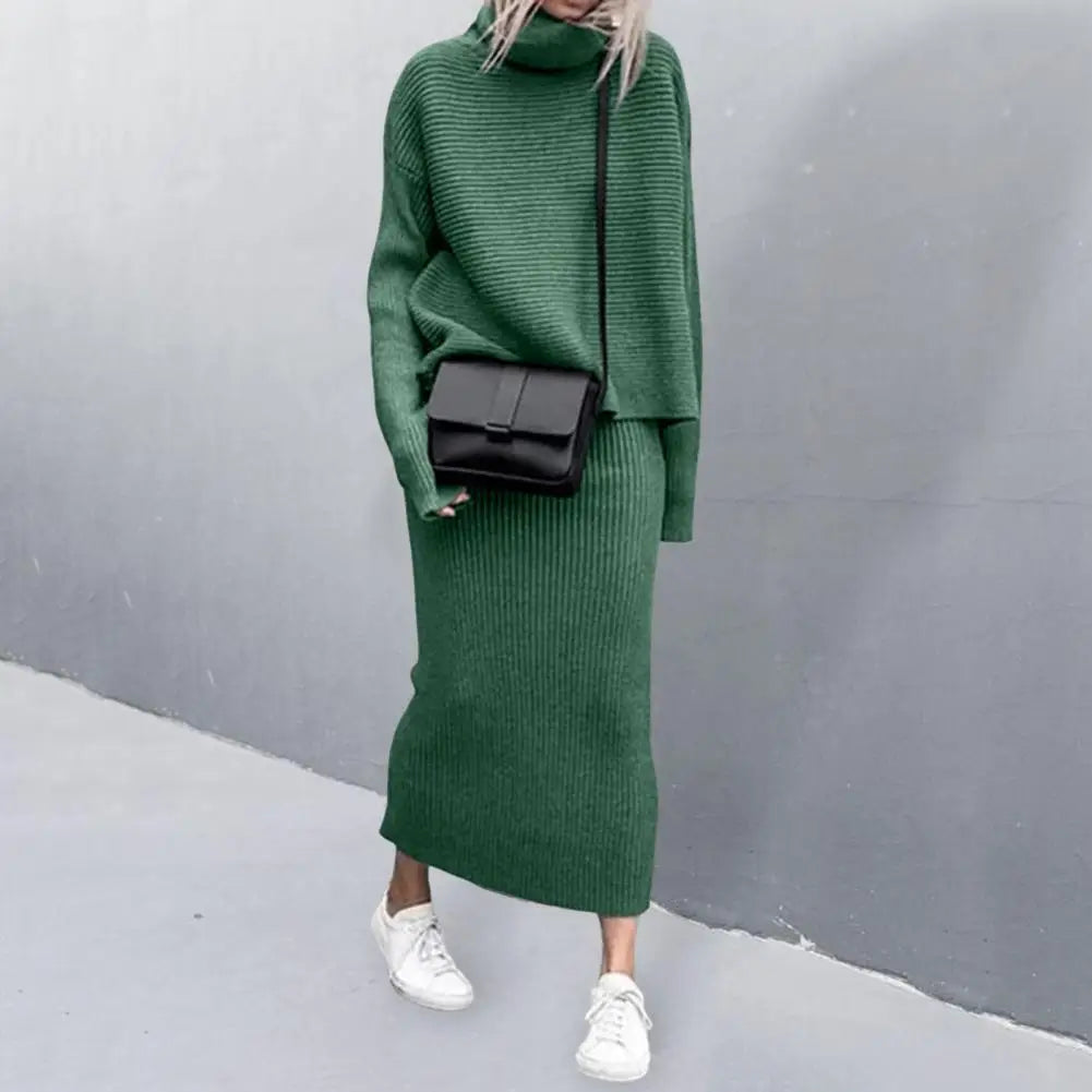 Women's casual  loose high collar pullover knitted sweater skirt set