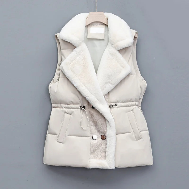 Ava Quilted Collared Puffer Vest | Fur Trim Drawstring Puffer Vest