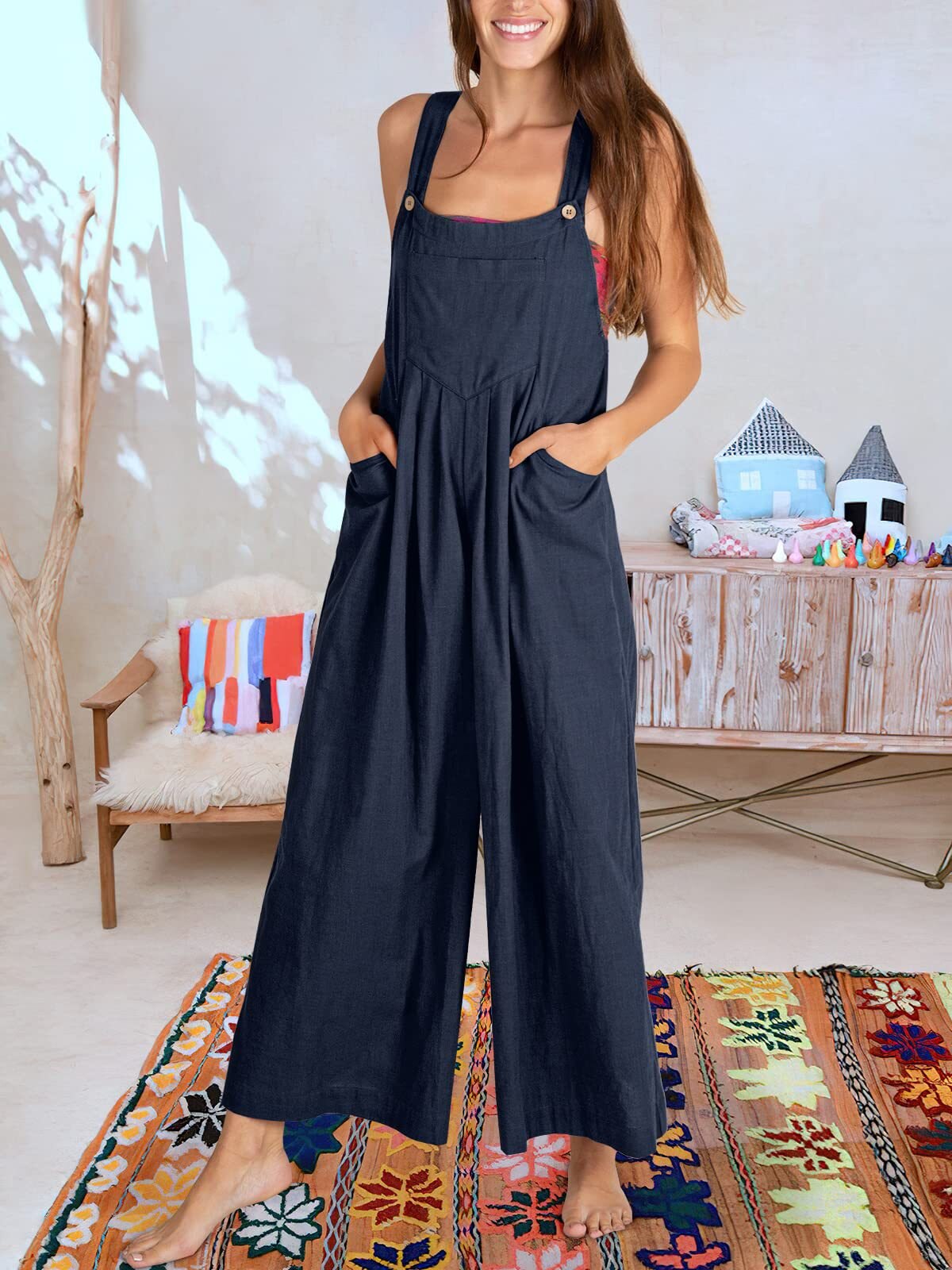 Women's Linen Jumpsuit - Loose Fit Wide-Leg - Sleeveless Adjustable Strap - Casual Wear