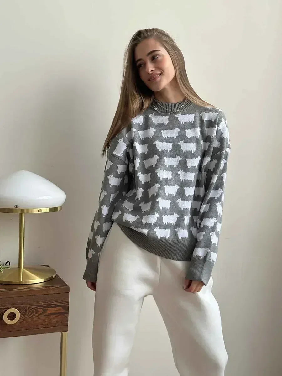 Women's Knit Sweater - Crew Neck - Relaxed Fit - Sheep Pattern Casual Pullover
