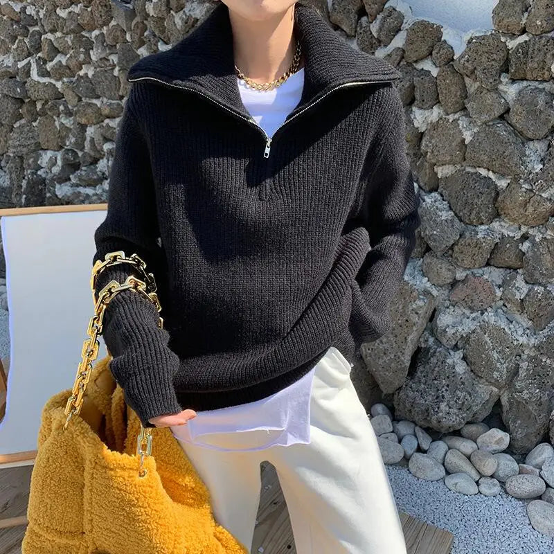 Women's half zip turn-down collar pullover sweater