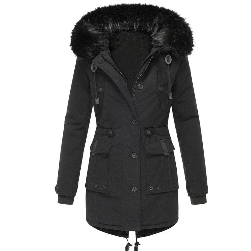 Women's winter parka with fur hood with front pocket and button closure