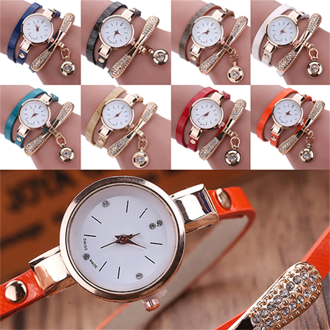 Elegant wrap-around quartz watch with crystal charm accents