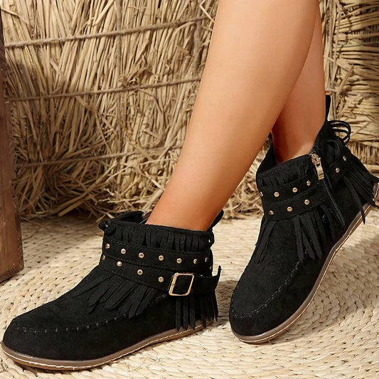 Faux Suede Buckle Cowboy Ankle Boots