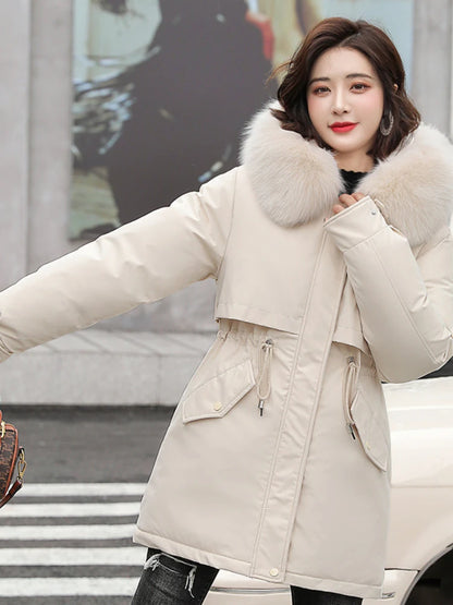 Women's long faux wool-lined parka with fur collar