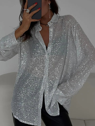 Women's sequin button-up blouse with long sleeves