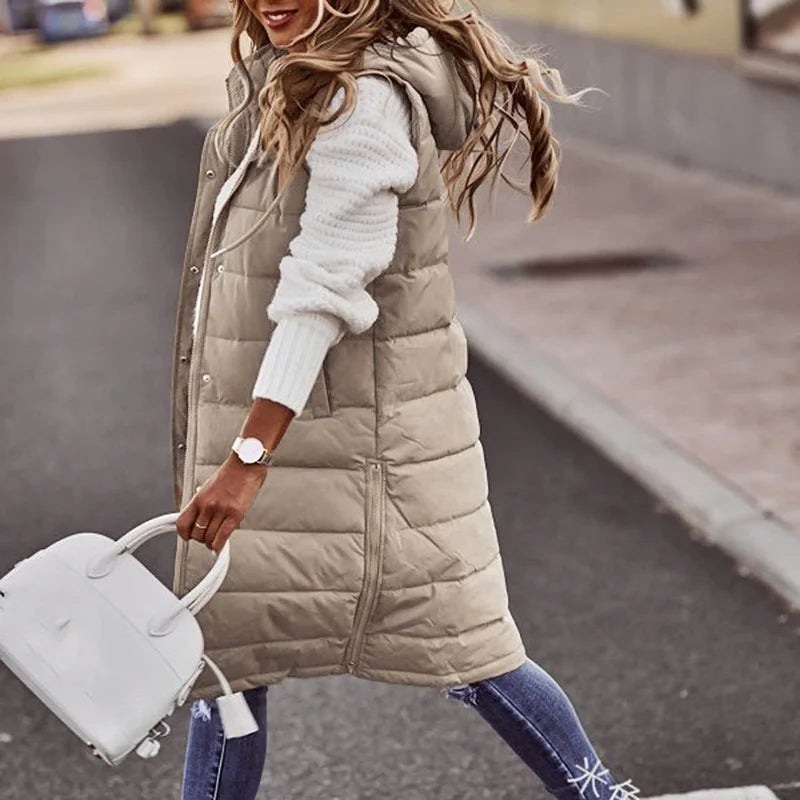 Women's long hooded vest down quilted sleeveless lightweight winter jacket