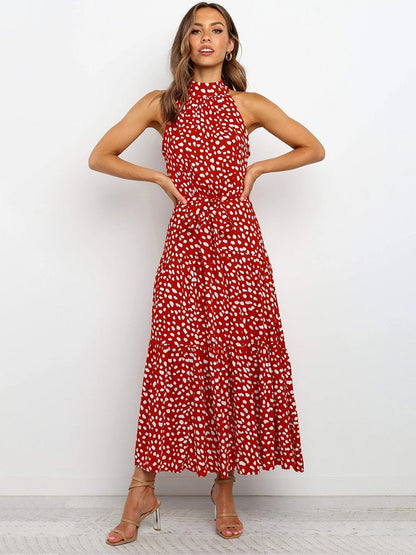 Women's Halter Midi Dress - Polka Dot Print - Tiered Flowy Skirt - Waist Tie
