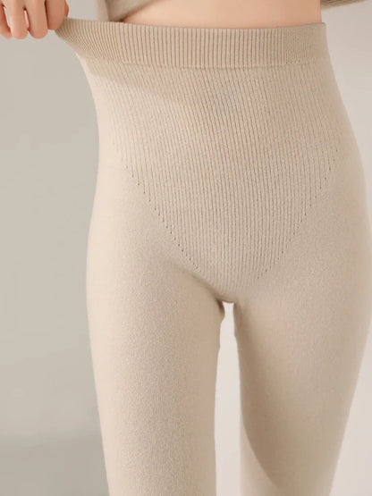Women’s Leggings – Slim Fit – High Waist – Ribbed Waistband – Knit Full Length
