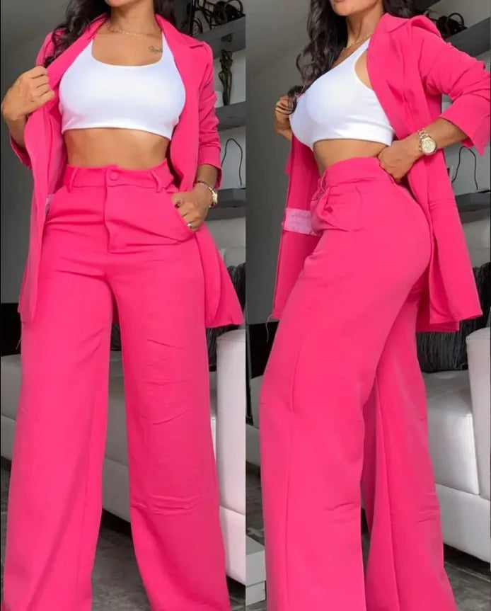 Women's blazer suit with slit sleeves and high waist wide leg trousers two-piece set