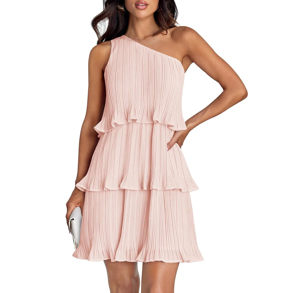 Women’s One-Shoulder Midi Dress – Pleated Chiffon – Tiered Skirt – Flowy Fit