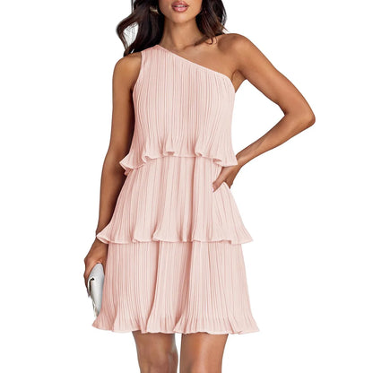 Women’s One-Shoulder Midi Dress – Pleated Chiffon – Tiered Skirt – Flowy Fit