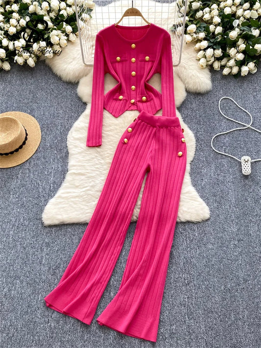 Metal Button Knitted Top and Pants Set