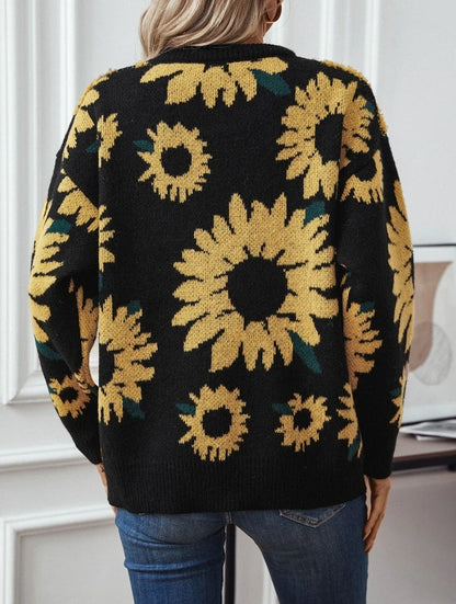 Women's sunflower embroidered round neck long sleeve pullover sweater