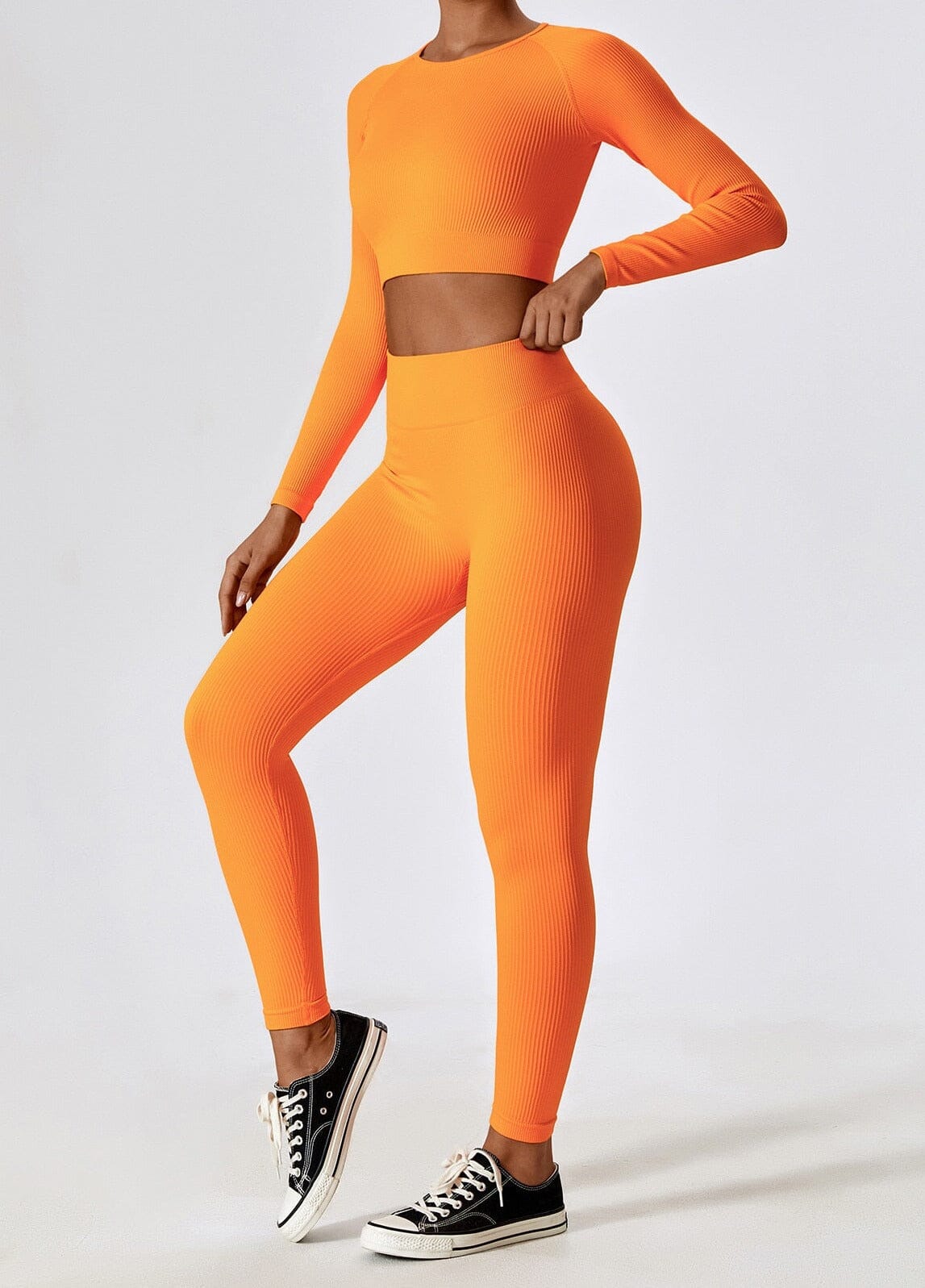 Women's Ribbed Knit Two-Piece Set - Long Sleeve Crop Top & High-Waisted Leggings