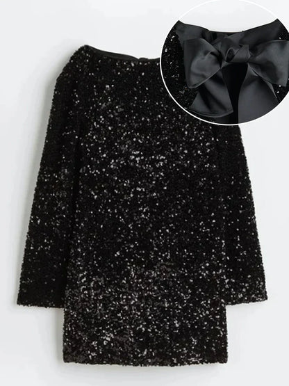 Women's Long-Sleeve Mini Dress - Boucle Textured - Shift Style - Round Neck