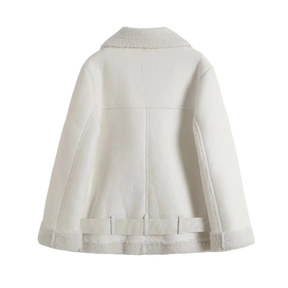 Women's modern classic wide lapel coat with belt and zipper closure