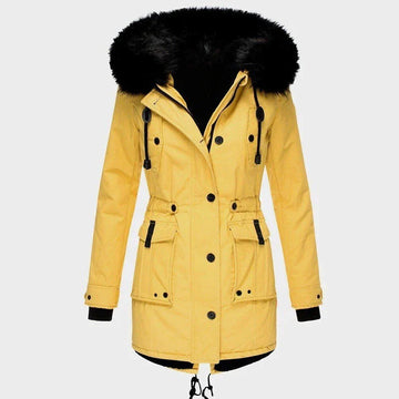 Women's winter parka with fur hood with front pocket and button closure