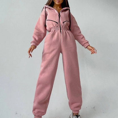 Women's Jumpsuit - Oversized Fit - Hooded with Zipper & Pockets - Elastic Waist