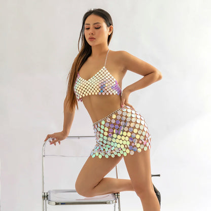 Women’s Sequin Halter Top and Skirt Set - Metallic Chainmail Style - Partywear Ensemble