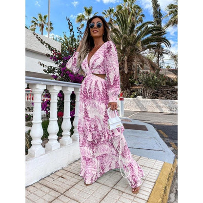 Women’s Maxi Dress – V-Neck – Waist Cut-Out – Long Puff Sleeve – Breathable Blend