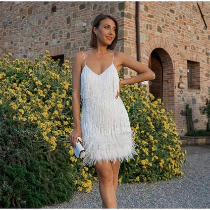 Women's Fringe Mini Dress - Spaghetti Strap - Feather Hem - Elegant Partywear