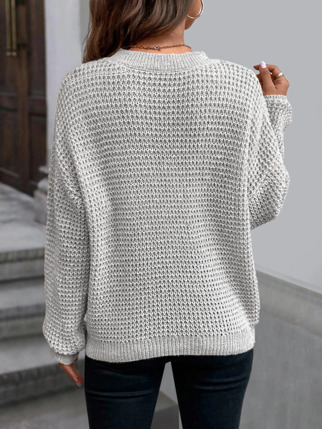 Autumn women's waffle knit round neck lantern sleeve sweater