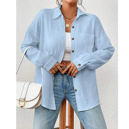 Women's Button-Up Shirt - Lightweight Crinkled Fabric - Relaxed Fit - Long Sleeve