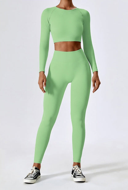 Women's Ribbed Knit Two-Piece Set - Long Sleeve Crop Top & High-Waisted Leggings