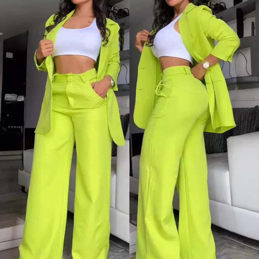 Women's blazer suit with slit sleeves and high waist wide leg trousers two-piece set